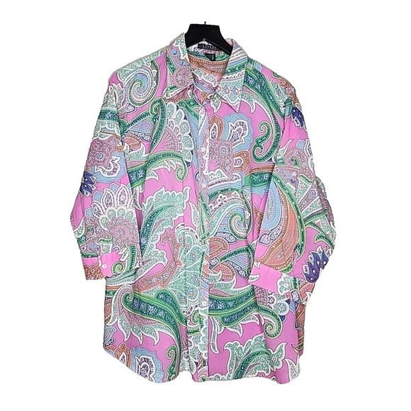LRL Ralph Lauren Shirt 2X Multicolor Paisley Button Up 3/4 Sleeve Cotton - Picture 1 of 5
